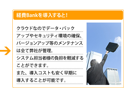 �o��Bank�𓱓�����ƁA�N���E�h�Ȃ̂Ńf�[�^�E�o�b�N�A�b�v��Z�L�����e�B���̊m�ہA�o�[�W�����A�b�v���̃����e�i���X�͑S�ĕ��Ђ��Ǘ��B�V�X�e���S���җl�̕��S���y�����邱�Ƃ��ł��܂��B�܂��A�����R�X�g�����������ɓ������邱�Ƃ��\�ł��B